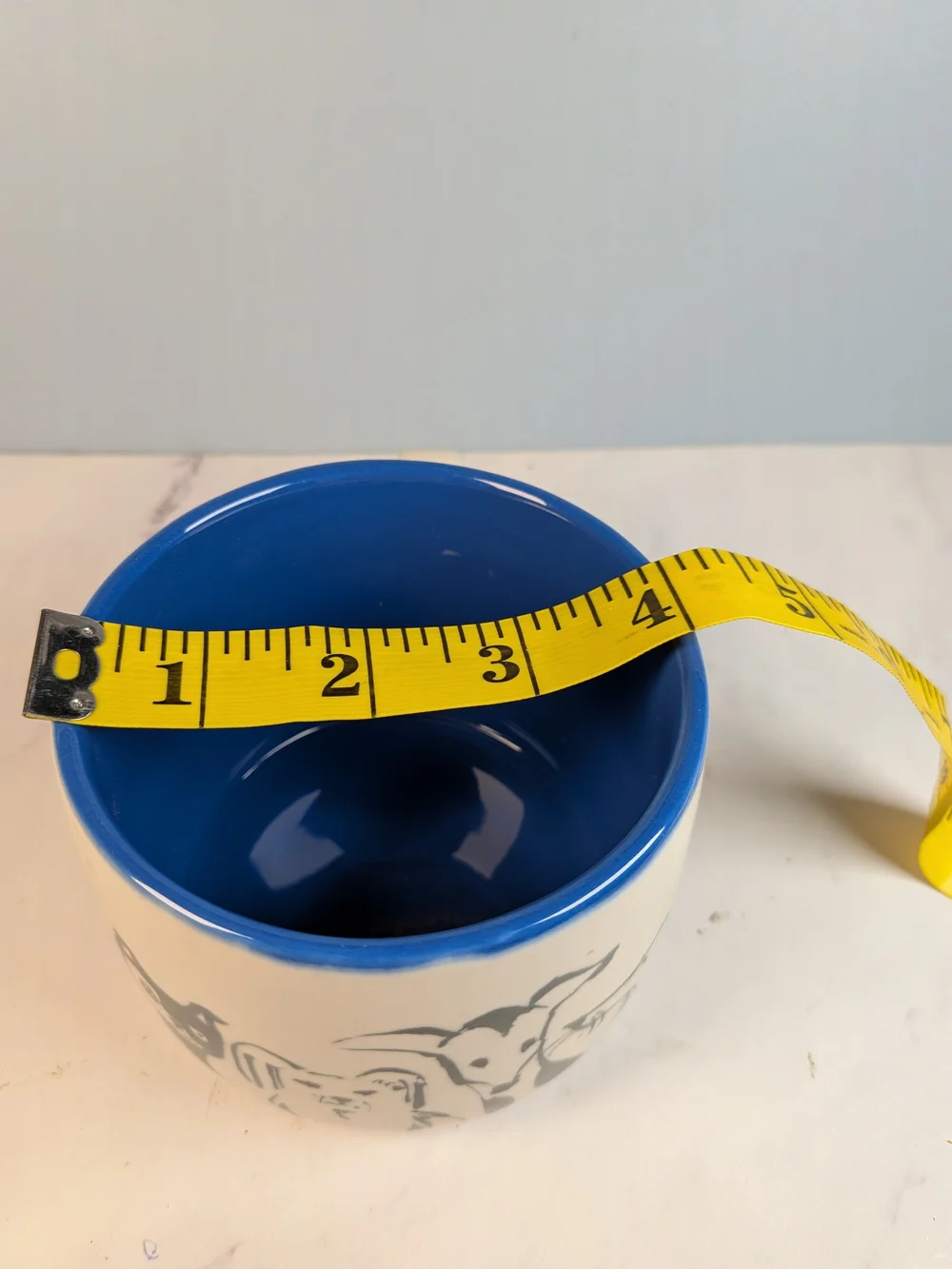 Anthropologie Cream Black Ceramic Dog Person Mug with Blue Interior